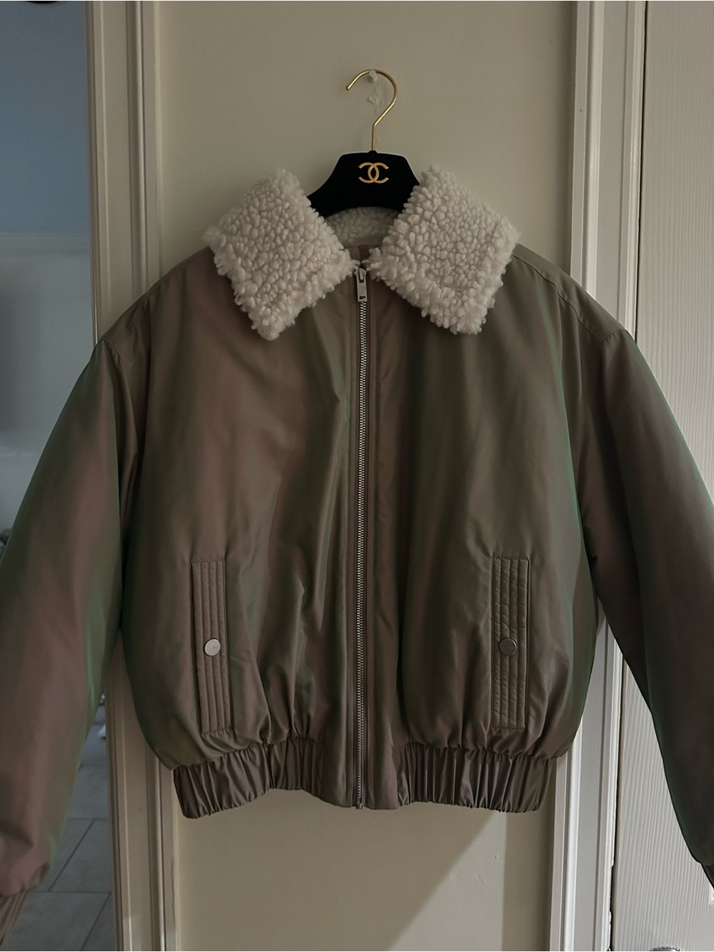 Womens Taupe Bomber Jacket with FShearling Collar